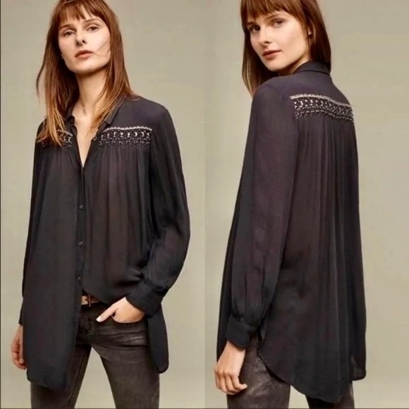 Anthropologie FLOREAT Beulah Navy Blue Beaded Top Blouse Tunic Beading Small - Picture 15 of 15